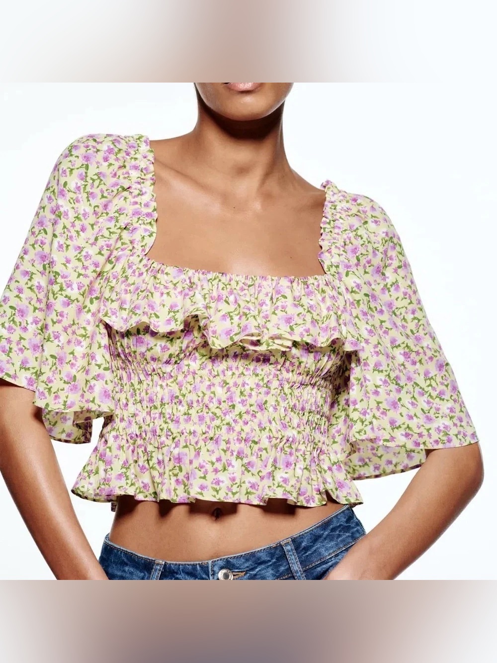 Zara Women's Cropped Floral Boho Cottage Yellow and Purple Ruffled Blouse Large